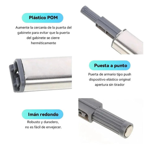 Magnetic Push Cabinet Latches Set details showing construction, close-up of steel touch-open latch components for kitchen doors.