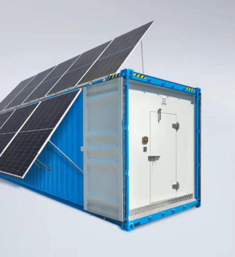 Heavy Duty Commercial Walk In Cold Storage Room Featuring Solar Cooling Panels For Meat Seafood And Food Processing Built Tough To Keep Inventory Crisp All Day Long, side view with solar panels.