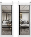 Hassle Free Smooth Glide Sliding Double Barn Door Kit 42 X 96 Inches with white clear glass panels in a modern interior.