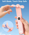 Portable Handheld Mini Fan With LED Display, 3-in-1 USB Rechargeable Fan and Flashlight for Travel, close-up of safe blades.