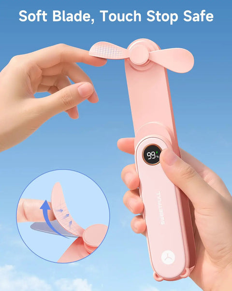 Portable Handheld Mini Fan With LED Display, 3-in-1 USB Rechargeable Fan and Flashlight for Travel, close-up of safe blades.