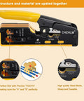 All In One RJ45 Crimp Tool Pass Through Kit for 8P Cat7 Cat6 Cat5 And 6P Telephone Connectors with wire stripping cutting and testing.