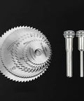 Eight Piece Rotary Drill Saw Blades Set With One Eighth Inch Shank For Most Rotary Tools HSS Steel Disc Cutters on black background