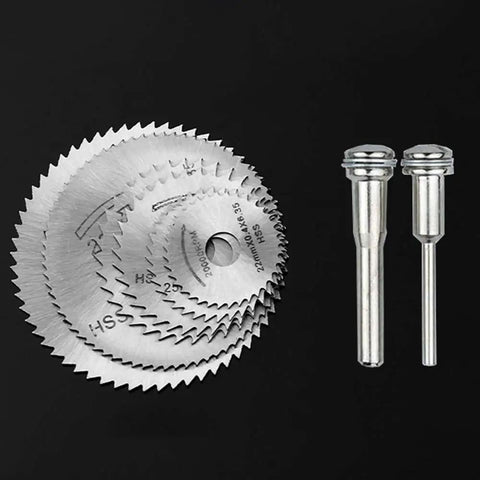 Eight Piece Rotary Drill Saw Blades Set With One Eighth Inch Shank For Most Rotary Tools HSS Steel Disc Cutters on black background