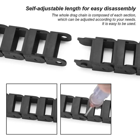 R18 Bridge Type Black Plastic Drag Chain Cable Carrier 10x20mm Inner Size, 1M Length With End Connectors shown for CNC machines