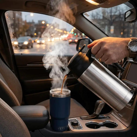 Boss Level 24v Electric Water Kettle For Truckers And Road Warriors 750ml Stainless Steel pouring hot drink into YETI travel mug in car.