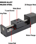 Premium 50mm Mini Linear Stage Actuator with 28 by 30 Stepper Motor and T Threaded Lead Screw Rod, showing aluminum and stainless steel parts.