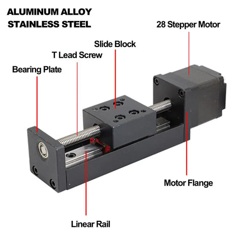 Premium 50mm Mini Linear Stage Actuator with 28 by 30 Stepper Motor and T Threaded Lead Screw Rod, showing aluminum and stainless steel parts.