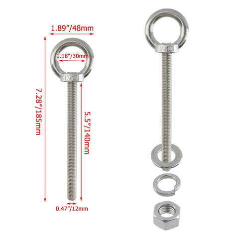 Beefed Up Heavy Duty M12 Threaded Eye Bolts Kit 5 pcs 304 stainless steel with nuts and washers for lifting and hanging
