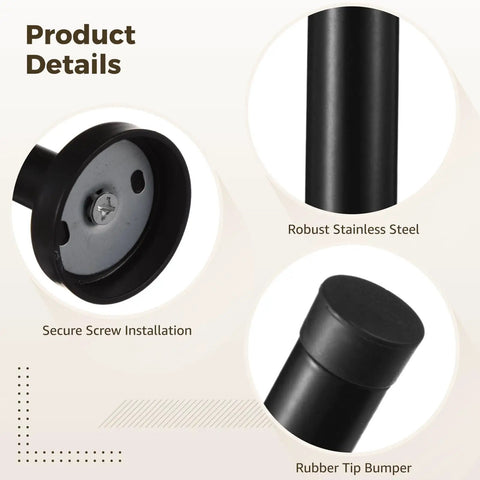 Close-up details of Heavy Duty Stainless Steel Door Stoppers with Rubber Tip Buffers, Wall Protectors with Screws for Quiet Door Closure and Noise Dampening, Rust Resistant Matte Black Finish.