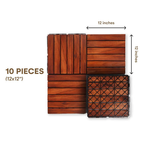Interlocking Teak Deck Tiles 12x12 Inches Outdoor Flooring That Rocks Weather Resistant UV Protected Anti Slip Patio Pavers Pack of 10