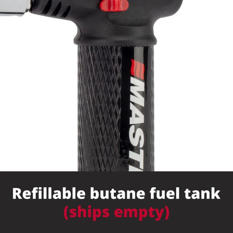 Close-up of Butane Micro Torch Kit With Adjustable Flame Flameless Heat Tool Soldering Iron showing refillable butane tank
