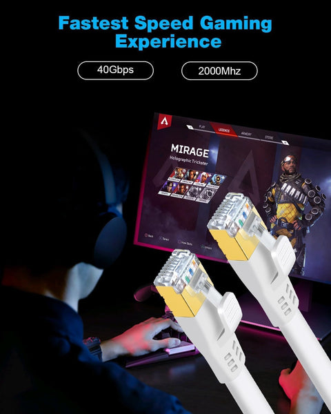 Gamer using Cat 8 Flat Ethernet Cable 40Gbps For Hardcore Gaming And Smooth Streaming, 2000MHz Bandwidth RJ45 LAN Cord on PC