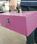 Person holding Pink 16 Inch Metal Tool Box With Drawer Organizer And Portable Tackle Box 18 Gauge Steel Large Tool Chest