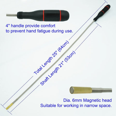 Flexible Magnetic Pickup Tool Kit 4 Pc with 25 Inch Bendable Grabber and 2lb Strength showing 25 in length and 6mm head