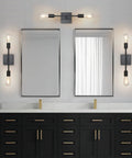 Image of Two Pack Black Industrial Vanity Light Fixtures Over Mirror Sconces For Bathroom Hallway Bedroom Living Room Modern Vertical Vintage Metal Wall Lamps Matte Black Finish, mounted over double mirrors in a bathroom.