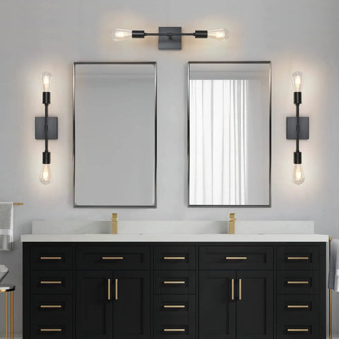 Image of Two Pack Black Industrial Vanity Light Fixtures Over Mirror Sconces For Bathroom Hallway Bedroom Living Room Modern Vertical Vintage Metal Wall Lamps Matte Black Finish, mounted over double mirrors in a bathroom.