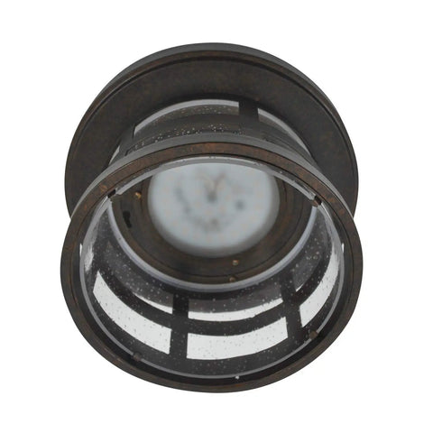 Washburn LED Outdoor Indoor Ceiling Light With Clear Seedy Glass, bottom view showing rustic bronze finish and integrated LED