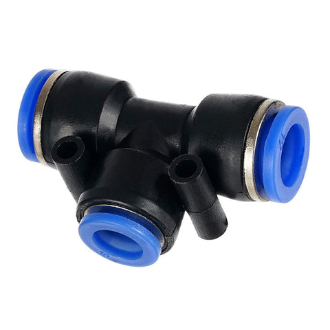 Pro Grade 6mm Push To Connect Pneumatic Fittings Kit With 2 Splitters, 2 Elbows, 2 Tees, 2 Straight Unions, 1 Manifold And 1 Hand Valve Ultimate 10 Pack For Air Tubing Systems black and blue tee fitting