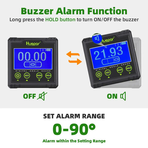 Digital Angle Gauge Protractor With Dual Axis Bubble Level, LCD display showing ON and OFF modes with alarm function highlighted.