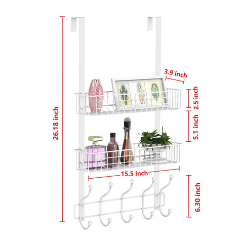 Over The Door Coat Rack With Mesh Basket And Detachable Storage Shelf, white finish, showing dimensions and built-in mesh bins.