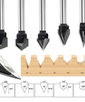 Premium Carbide Tipped V Groove Router Bits Deliver Rock Solid Accuracy For Daily Shop Work Featuring Straight Fire Results And A Battle Ready 1/4 Inch Shank For Smooth Carving Projects, detailed V groove bits with various angles.