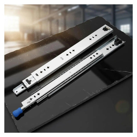 High Octane Heavy Duty Side Mount Ball Bearing Drawer Slides With Triple Extension Full Reach Cold Rolled Steel Cabinet Rails on dark surface.