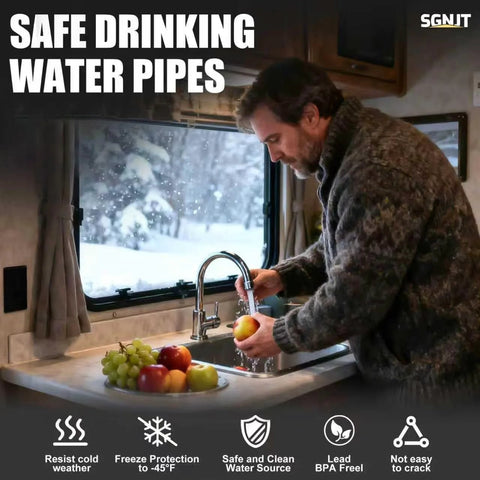 Blue SGNJT heated RV drinking water hose; man at camper kitchen sink washing an apple, snowy window outside.