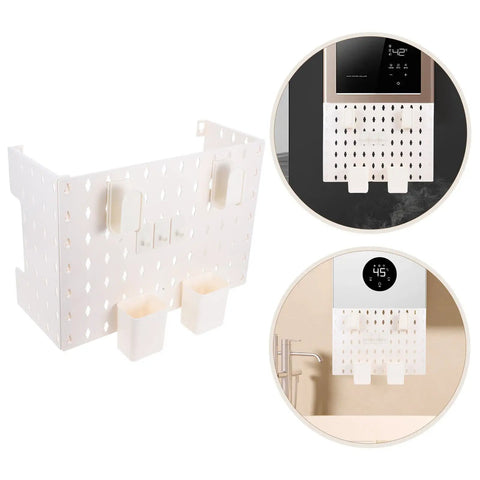 Hassle Free Plastic Pegboard Wall Organizer Covers Water Heater Pipes With Quick No Drill Mounting, heavy duty white PVC panel with hanging space.