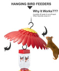 Hummingbird Weather Dome Rain Cover With Built In Moat For Backyard Bird Feeders Protects From Rain And Sun, red flower dome with squirrel nearby.