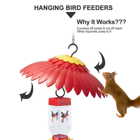 Hummingbird Weather Dome Rain Cover With Built In Moat For Backyard Bird Feeders Protects From Rain And Sun, red flower dome with squirrel nearby.