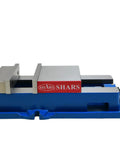 Lock Down CNC Milling Vise, 5 Inch Wide Jaw, 4.92 Inch Opening, Precision Ground For NC/CNC Machining, 1-1/2 Inch Jaw Depth, Thrust Collar Bearing, Cast Bed Built Tough, Ideal One Vise For Tight Tolerance Setups On A Single Machine. Blue CNC vise shown with hand crank.