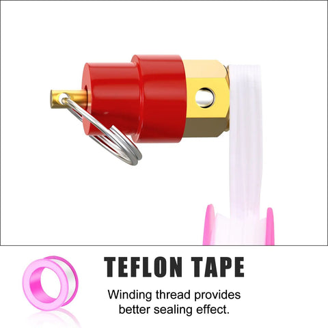 Close-up of Teflon tape next to Air Compressor Pressure Switch Control Valve With Red On Off Switch For Real World Jobs