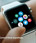 Smartwatch displaying apps, a finger interacting with the screen to illustrate "Control from anywhere" concept.
