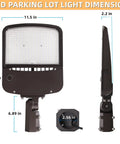 Dimensions of Hella Bright 200W Outdoor LED Parking Lot Light With Slip Fitter, 5000K Daylight, side and front view