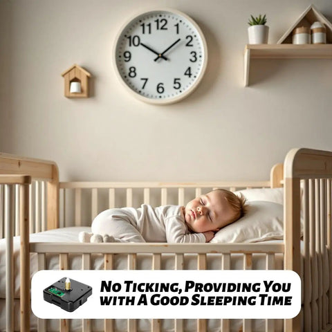 Sleeping baby with a wall clock using Two Pack Non Ticking Clock Movements With Six Styles Clock Hands Of Different Sizes, Battery Operated DIY Repair Parts Replacement, High Torque, Quiet Second Hand, No Tick, Easy Custom Clock Makeover.