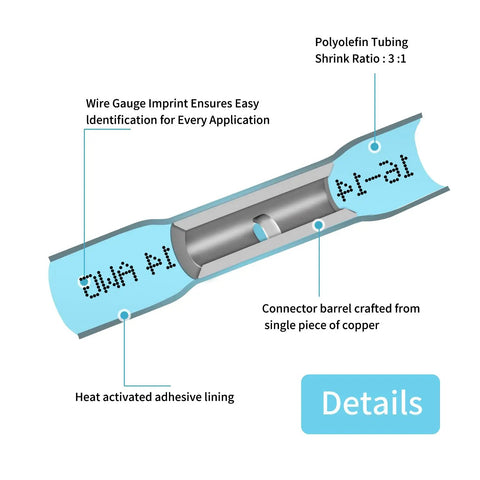 Diagram of 16-14 AWG Heat Shrink Butt Connectors, shows polyolefin tubing shrink ratio 3:1, copper core, adhesive lining.
