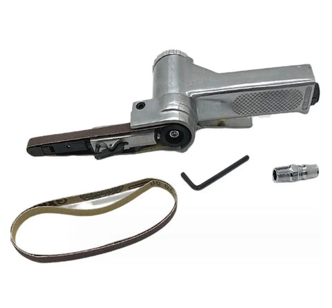 Ultra Compact Pneumatic Belt Sander Machine With Handled Grip, metal and plastic components, ideal for detailed sanding and polishing.
