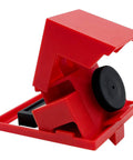 Universal 480/600V Circuit Breaker Lockout Devices Set With LOTO Tags shown as red plastic clamp lockout device