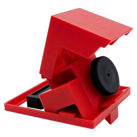 Universal 480/600V Circuit Breaker Lockout Devices Set With LOTO Tags shown as red plastic clamp lockout device