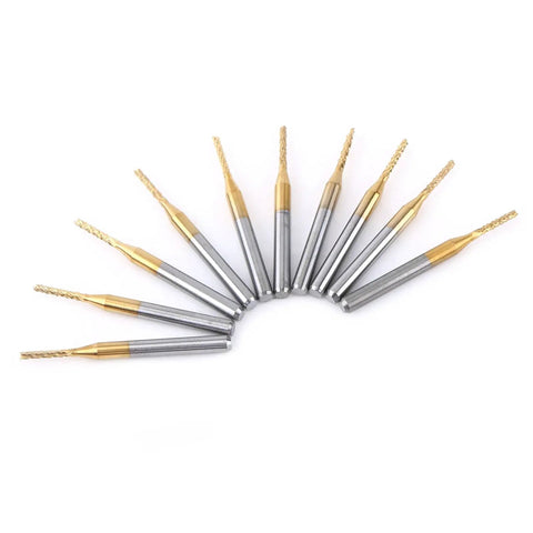 End Mill Router Bit Set Ten Pack 1.5mm Tungsten Coated Carbide CNC Engraving Bits arranged in semi-circle