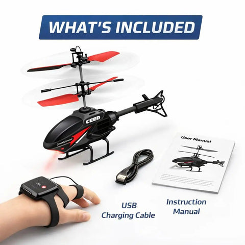 Gesture Control RC Helicopter Toy For Kids No Remote Needed Hand Flight set with USB cable and manual.