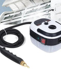 Boss 2500W Handheld Steam Cleaner For Car Detailing And Home Cleaning, White, coiled hose and brass nozzle shown