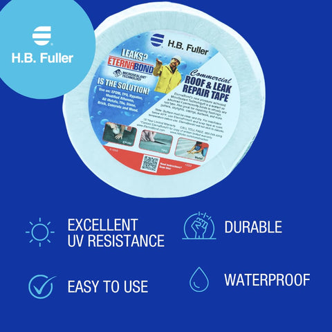 Close-up of H.B. Fuller Roof Seal Repair Tape highlighting excellent UV resistance, durability, easy use, and waterproof features.