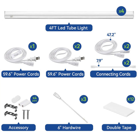 Linkable LED Under Cabinet And Closet Light Bar 2ft 9W 800 Lumens 5000K Daylight Bright Plug And Play 3 Pack For Kitchen Cabinets Shelves And Display with power cords and accessories