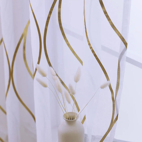White And Gold See Through Sheer Curtains For Living Room That Let The Sunlight In Light Filtering Window Drapes 90 Inch Long