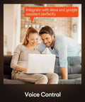 Couple using laptop to control Smart WiFi Outlet Four Pack With Two Independently Controlled Outlets 15 Amp Smart Wall Outlet via voice control.