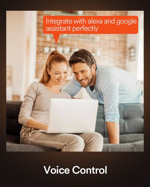Couple using laptop to control Smart WiFi Outlet Four Pack With Two Independently Controlled Outlets 15 Amp Smart Wall Outlet via voice control.