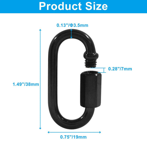 M3.5 Black Quick Link Chain Connector Set, Heavy Duty One Eighth Inch Link, Metal Carabiner Screws, size dimensions shown