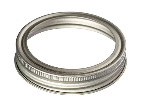 Close-up of a single Rust Resistant Silver Aluminum Mason Jar Band from the 12 Pack for Wide Mouth Jars, BPA Free and durable.